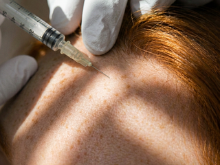 Vrouw krijgt een injectable behandeling op haar voorhoofd