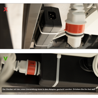 3d. | Wenn das Licht bei 3b nicht leuchtet, prüfen Sie, ob das Stromkabel richtig in den Adapter eingesteckt ist. Drücken Sie es fest an.